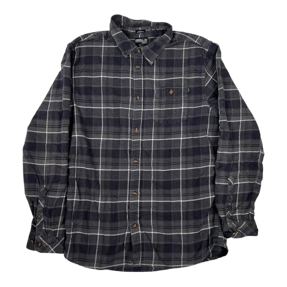 VTG O'Neill Shirt Mens XL Gray Plaid Flannel Long Sleeve Button Front Y2K Surf